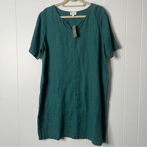Pure Jill Emerald Green Garment-Dyed Linen Shift Dress Short Sleeve Size L Pet